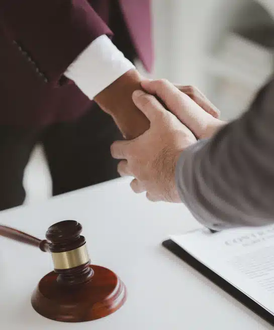 Lawyer client shake hands after winning