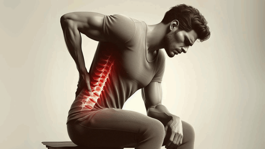 A man sitting and holding his lower back in pain, with a highlighted spine illustration showing inflammation or injury.