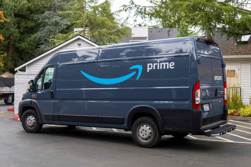 An Amazon Prime delivery van parked outside representing cases handled by West Palm Beach Amazon delivery accident lawyers.