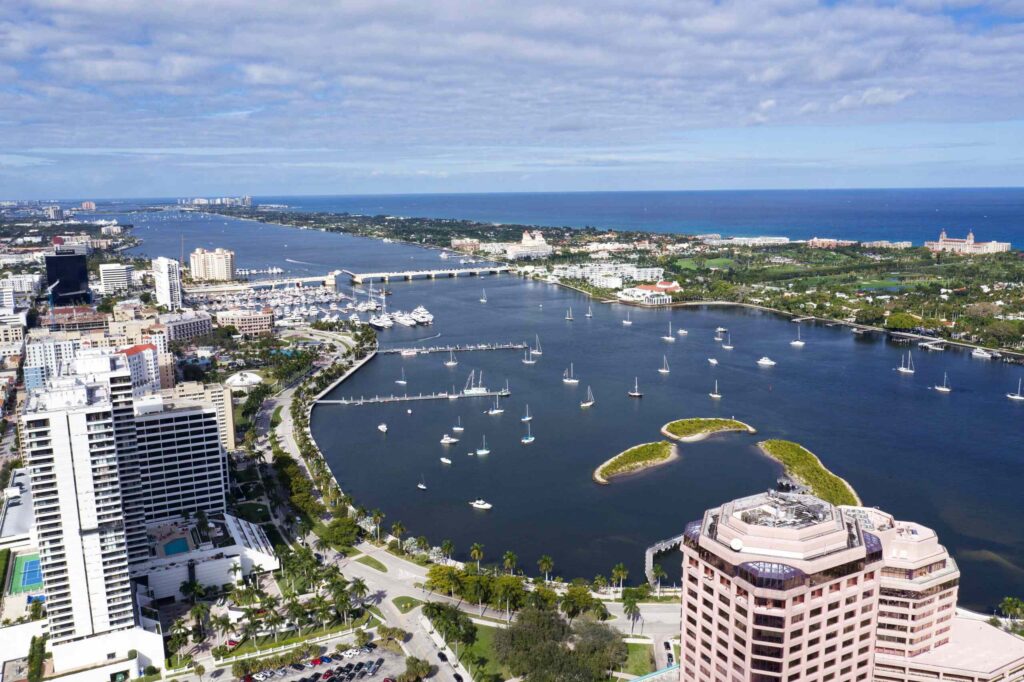 An aerial view of West Palm Beach highlighting the area served by West Palm Beach Amazon delivery accident lawyers.
