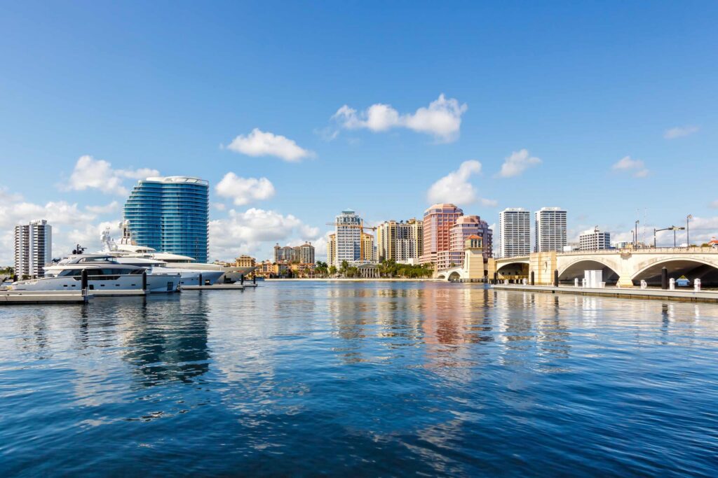 The West Palm Beach waterfront skyline representing the local service area for West Palm Beach Uber & Lyft accident attorneys.